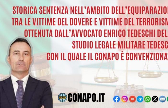 Arrêt historique dans le contexte de l’égalité entre victimes du devoir et victimes du terrorisme obtenu par l’avocat Enrico Tedeschi du Cabinet d’avocats militaires Tedeschi avec lequel la CONAPO a un accord.